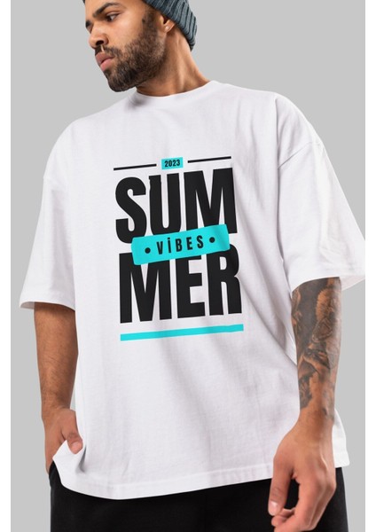 Summer Vibes 2 Ön Baskılı Beyaz Oversize T-Shirt Erkek Kadın Bisiklet Yaka