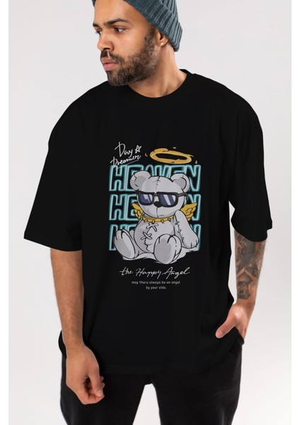 Heaven Bear Ön Baskılı Siyah Oversize T-Shirt Erkek Kadın Bisiklet Yaka