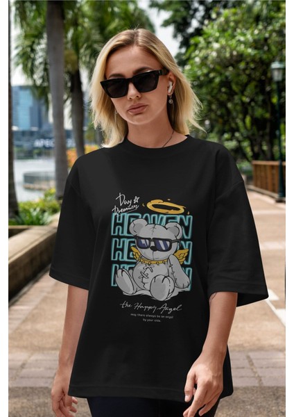 Heaven Bear Ön Baskılı Siyah Oversize T-Shirt Erkek Kadın Bisiklet Yaka modelleri