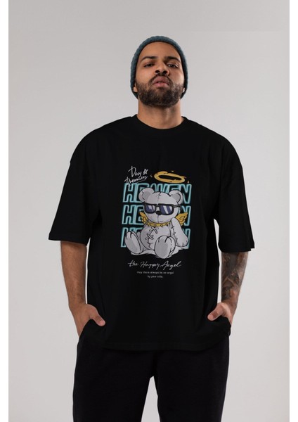 Heaven Bear Ön Baskılı Siyah Oversize T-Shirt Erkek Kadın Bisiklet Yaka fırsatları