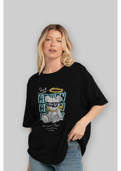 Heaven Bear Ön Baskılı Siyah Oversize T-Shirt Erkek Kadın Bisiklet Yaka indirimleri