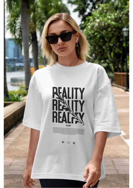 Reality Yazılı Ön Baskılı Beyaz Oversize T-Shirt Erkek Kadın Bisiklet Yaka indirimleri