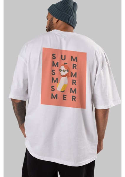 Summer Woman Arka Baskılı Beyaz Oversize T-Shirt Erkek Kadın Bisiklet Yaka modelleri