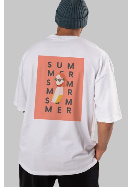 Summer Woman Arka Baskılı Beyaz Oversize T-Shirt Erkek Kadın Bisiklet Yaka fırsatları