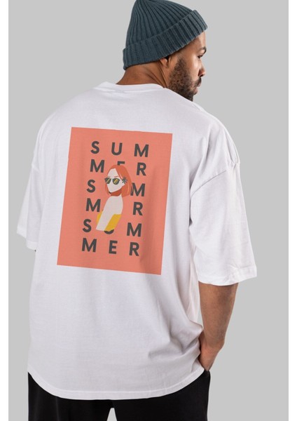 Summer Woman Arka Baskılı Beyaz Oversize T-Shirt Erkek Kadın Bisiklet Yaka indirimleri