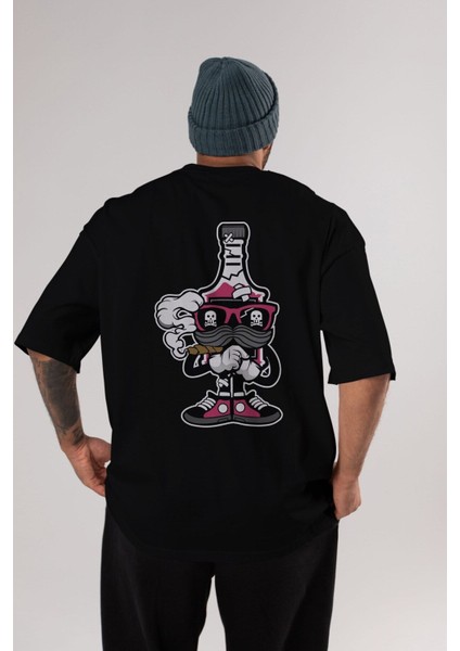 Vodka Bottle Arka Baskılı Siyah Oversize T-Shirt Erkek Kadın Bisiklet Yaka