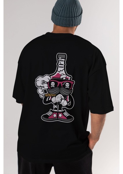Vodka Bottle Arka Baskılı Siyah Oversize T-Shirt Erkek Kadın Bisiklet Yaka modelleri