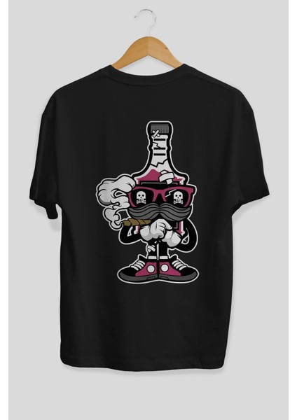 Vodka Bottle Arka Baskılı Siyah Oversize T-Shirt Erkek Kadın Bisiklet Yaka fırsatları