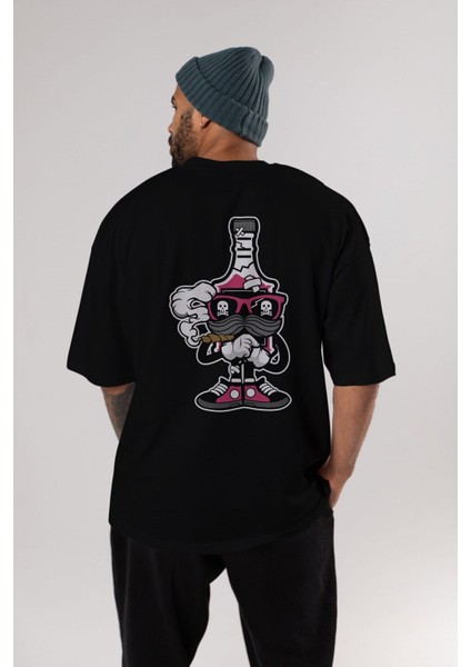 Vodka Bottle Arka Baskılı Siyah Oversize T-Shirt Erkek Kadın Bisiklet Yaka indirimleri