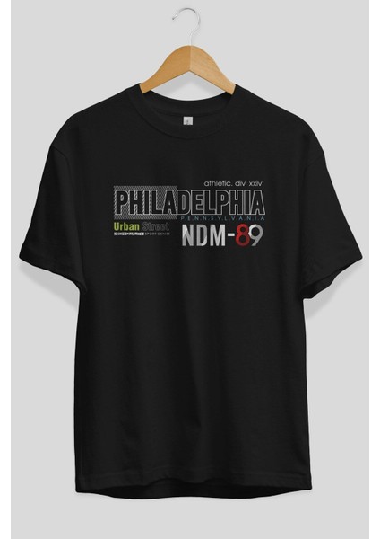 Philadelphia 89 Yazılı Ön Baskılı Siyah Oversize T-Shirt Erkek Kadın Bisiklet Yaka modelleri