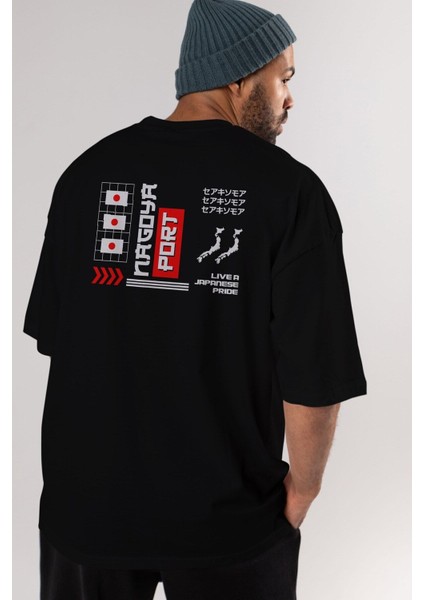 Nagoya Port Arka Baskılı Siyah Oversize T-Shirt Erkek Kadın Bisiklet Yaka fırsatları