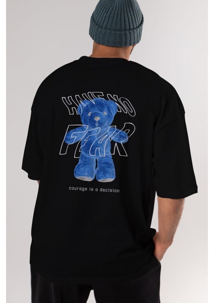 Have No Fear Bear Arka Baskılı Siyah Oversize T-Shirt Erkek Kadın Bisiklet Yaka fiyatları