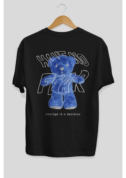 Have No Fear Bear Arka Baskılı Siyah Oversize T-Shirt Erkek Kadın Bisiklet Yaka modelleri
