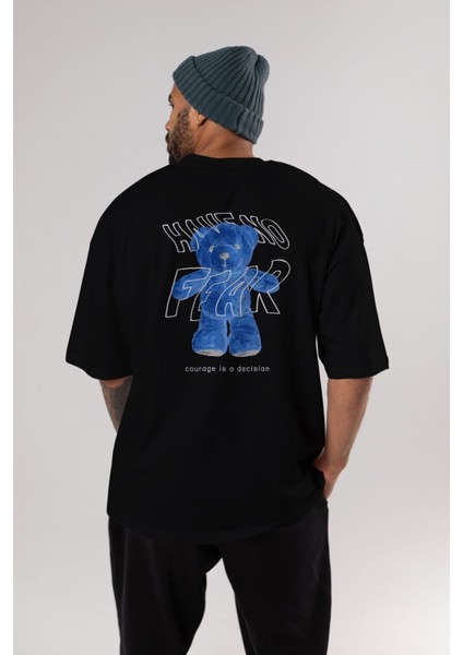 Have No Fear Bear Arka Baskılı Siyah Oversize T-Shirt Erkek Kadın Bisiklet Yaka indirimleri