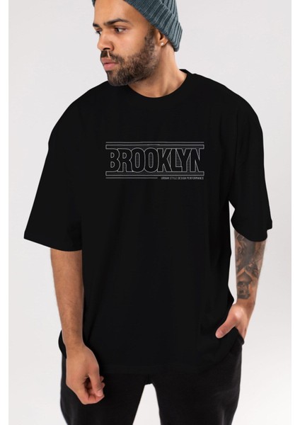 Brooklyn Yazılı Ön Baskılı Siyah Oversize T-Shirt Erkek Kadın Bisiklet Yaka