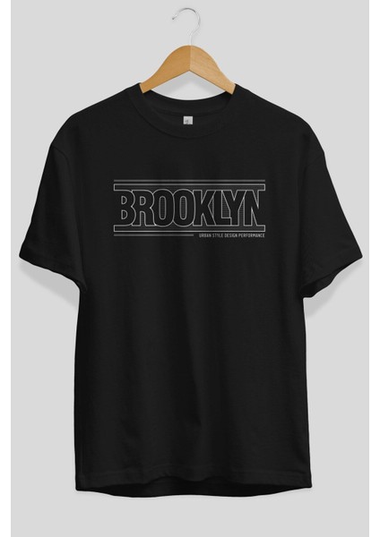Brooklyn Yazılı Ön Baskılı Siyah Oversize T-Shirt Erkek Kadın Bisiklet Yaka fiyatları