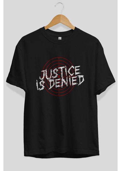Justice Is Denied Ön Baskılı Siyah Oversize T-Shirt Erkek Kadın Bisiklet Yaka fırsatları