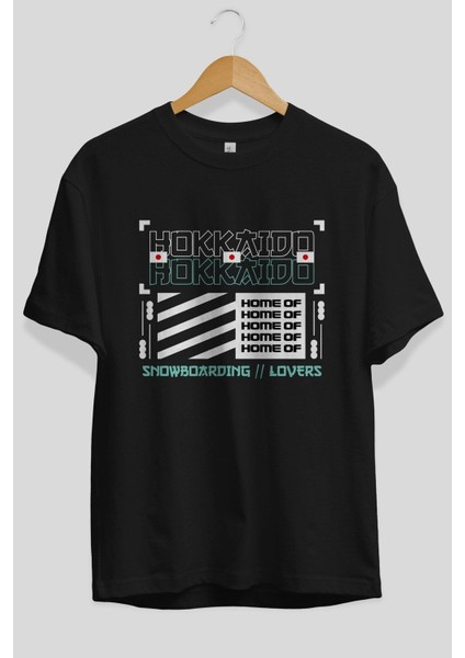 Hokkaido Home Of Ön Baskılı Siyah Oversize T-Shirt Erkek Kadın Bisiklet Yaka fiyatları