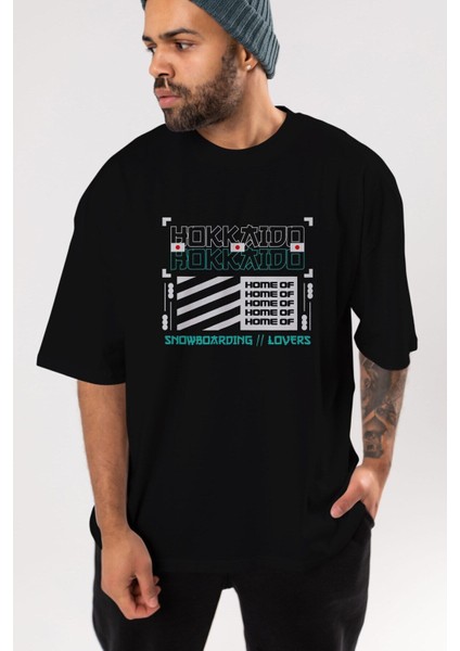 Hokkaido Home Of Ön Baskılı Siyah Oversize T-Shirt Erkek Kadın Bisiklet Yaka indirimleri