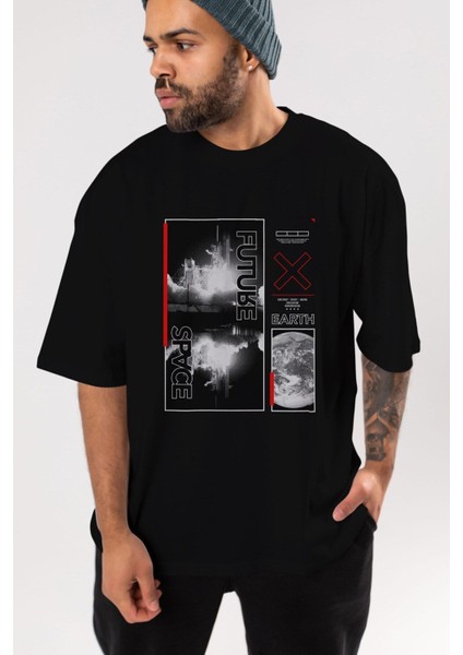 Future Space Ön Baskılı Siyah Oversize T-Shirt Erkek Kadın Bisiklet Yaka