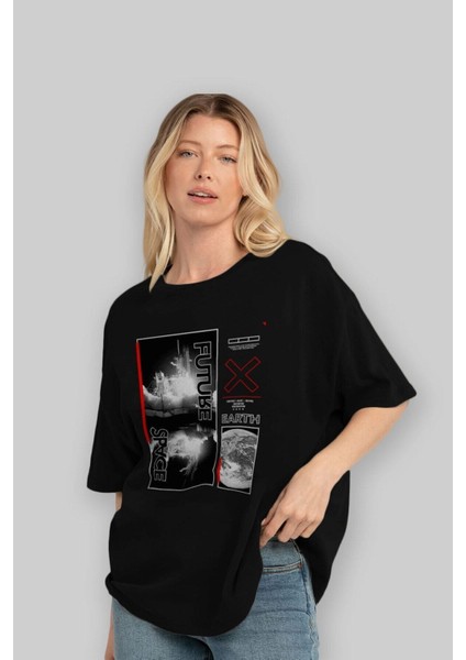 Future Space Ön Baskılı Siyah Oversize T-Shirt Erkek Kadın Bisiklet Yaka