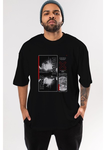 Future Space Ön Baskılı Siyah Oversize T-Shirt Erkek Kadın Bisiklet Yaka
