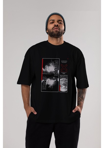 Future Space Ön Baskılı Siyah Oversize T-Shirt Erkek Kadın Bisiklet Yaka