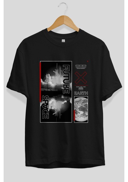 Future Space Ön Baskılı Siyah Oversize T-Shirt Erkek Kadın Bisiklet Yaka