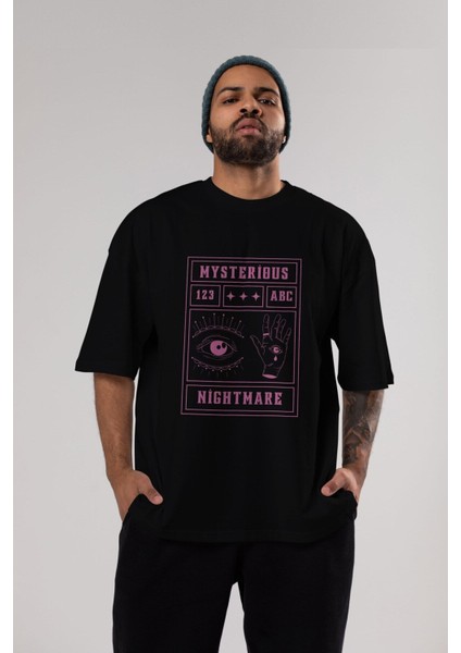 Mysterious Nightmare Ön Baskılı Siyah Oversize T-Shirt Erkek Kadın Bisiklet Yaka