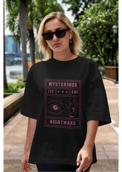 Mysterious Nightmare Ön Baskılı Siyah Oversize T-Shirt Erkek Kadın Bisiklet Yaka modelleri