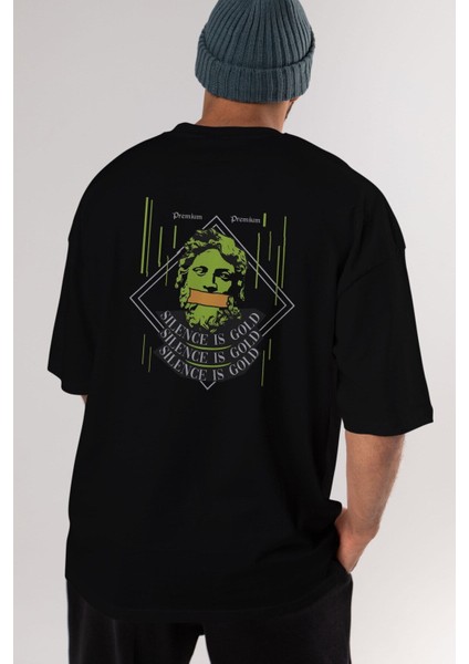 Silence Is Gold Arka Baskılı Siyah Oversize T-Shirt Erkek Kadın Bisiklet Yaka