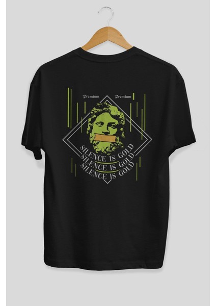 Silence Is Gold Arka Baskılı Siyah Oversize T-Shirt Erkek Kadın Bisiklet Yaka fiyatları