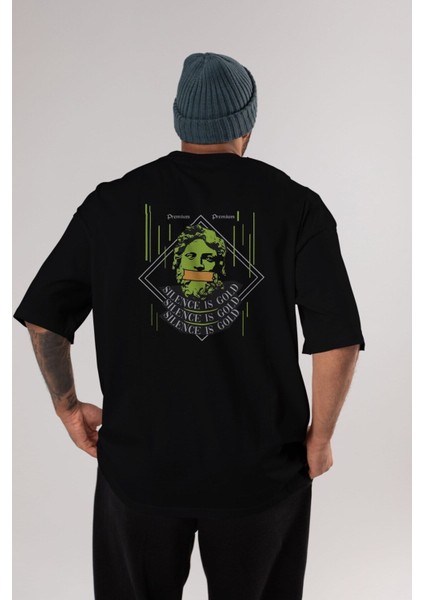 Silence Is Gold Arka Baskılı Siyah Oversize T-Shirt Erkek Kadın Bisiklet Yaka modelleri