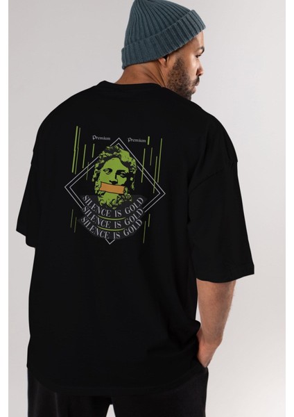 Silence Is Gold Arka Baskılı Siyah Oversize T-Shirt Erkek Kadın Bisiklet Yaka fırsatları