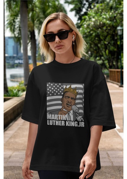Luther King Ön Baskılı Siyah Oversize T-Shirt Erkek Kadın Bisiklet Yaka