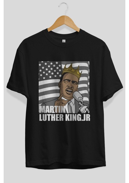 Luther King Ön Baskılı Siyah Oversize T-Shirt Erkek Kadın Bisiklet Yaka fiyatları