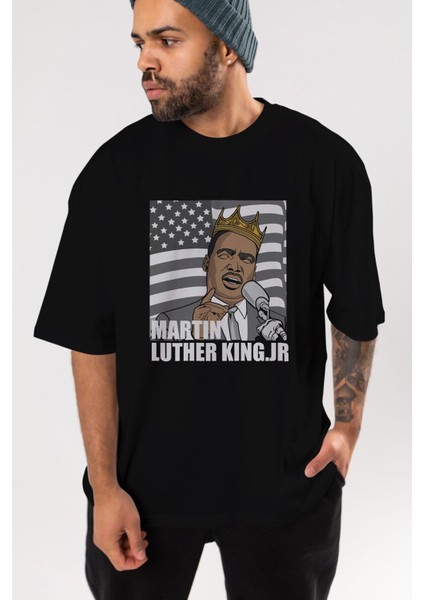 Luther King Ön Baskılı Siyah Oversize T-Shirt Erkek Kadın Bisiklet Yaka fırsatları
