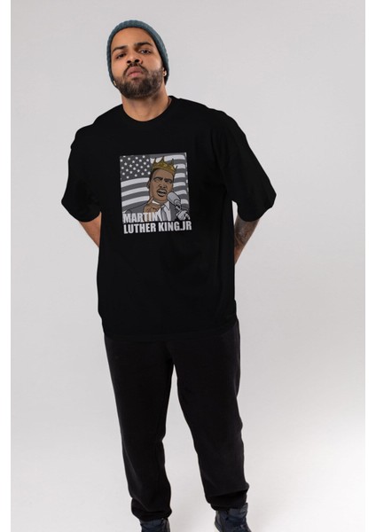 Luther King Ön Baskılı Siyah Oversize T-Shirt Erkek Kadın Bisiklet Yaka indirimleri