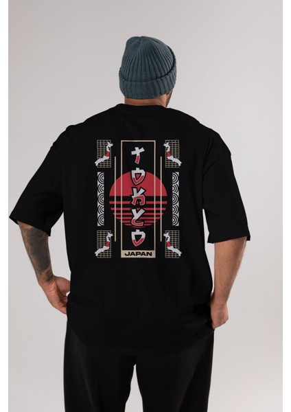 Tokyo Japan Arka Baskılı Siyah Oversize T-Shirt Erkek Kadın Bisiklet Yaka fırsatları