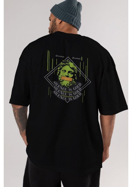 Silence Is Gold Arka Baskılı Siyah Oversize T-Shirt Erkek Kadın Bisiklet Yaka indirimleri