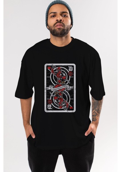 Deadpool Card Ön Baskılı Siyah Oversize T-Shirt Erkek Kadın Bisiklet Yaka