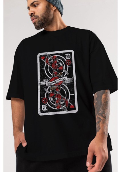 Deadpool Card Ön Baskılı Siyah Oversize T-Shirt Erkek Kadın Bisiklet Yaka fırsatları