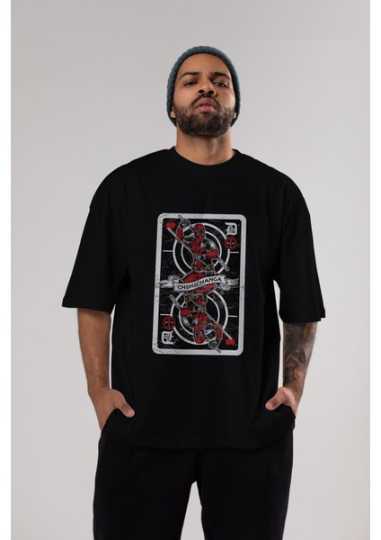 Deadpool Card Ön Baskılı Siyah Oversize T-Shirt Erkek Kadın Bisiklet Yaka indirimleri