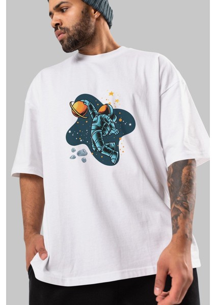 Astronot Basketbol Ön Baskılı Beyaz Oversize T-Shirt Erkek Kadın Bisiklet Yaka