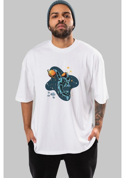 Astronot Basketbol Ön Baskılı Beyaz Oversize T-Shirt Erkek Kadın Bisiklet Yaka fiyatları
