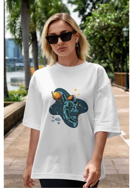 Astronot Basketbol Ön Baskılı Beyaz Oversize T-Shirt Erkek Kadın Bisiklet Yaka modelleri