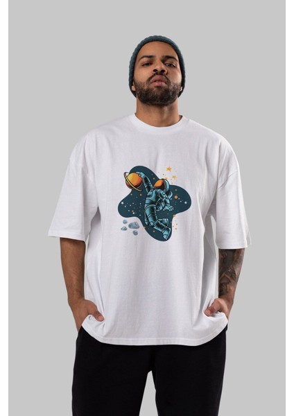 Astronot Basketbol Ön Baskılı Beyaz Oversize T-Shirt Erkek Kadın Bisiklet Yaka fırsatları