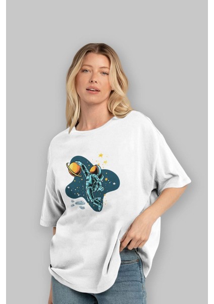 Astronot Basketbol Ön Baskılı Beyaz Oversize T-Shirt Erkek Kadın Bisiklet Yaka indirimleri
