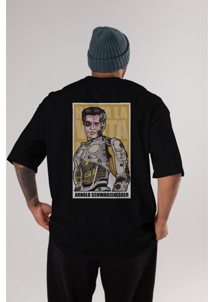 Arnold Robot Human Arka Baskılı Siyah Oversize T-Shirt Erkek Kadın Bisiklet Yaka modelleri