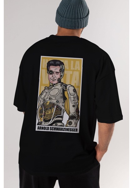 Arnold Robot Human Arka Baskılı Siyah Oversize T-Shirt Erkek Kadın Bisiklet Yaka indirimleri